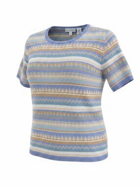 Fair Isle Stripe Short Sleeve Sweater Periwinkle Blue Tan Grandma Cottagecore